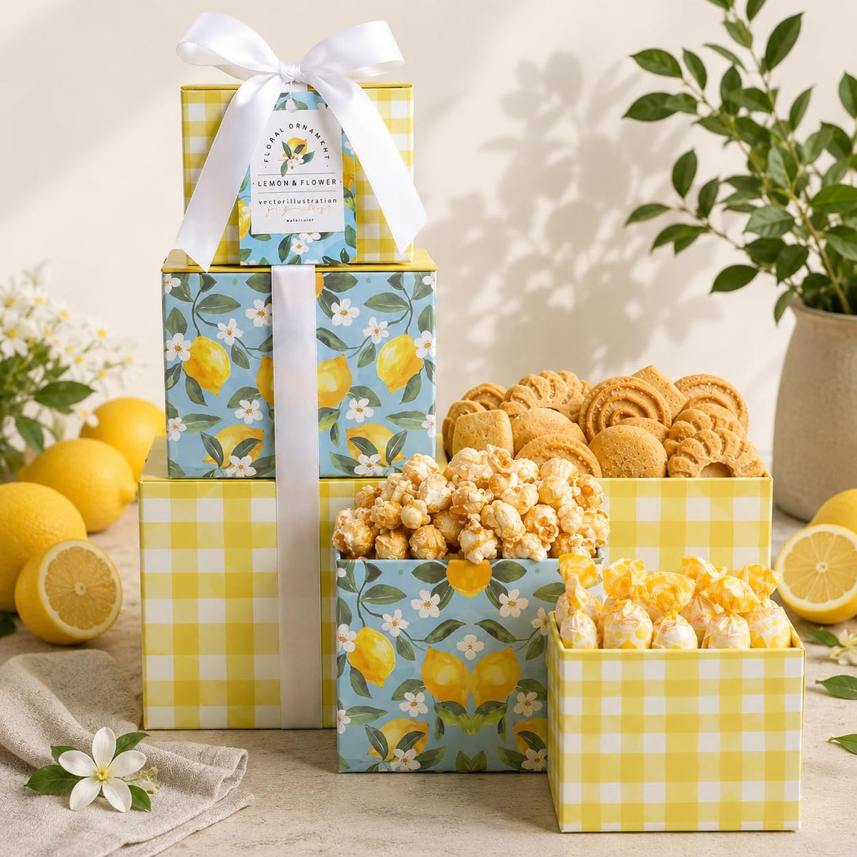 Alder Creek Gift Baskets Lemon Twist 3-High Tower with Candy, Cookies, and Popcorn for Summer, Thank You, Birthday, Housewarming, Mother's Day