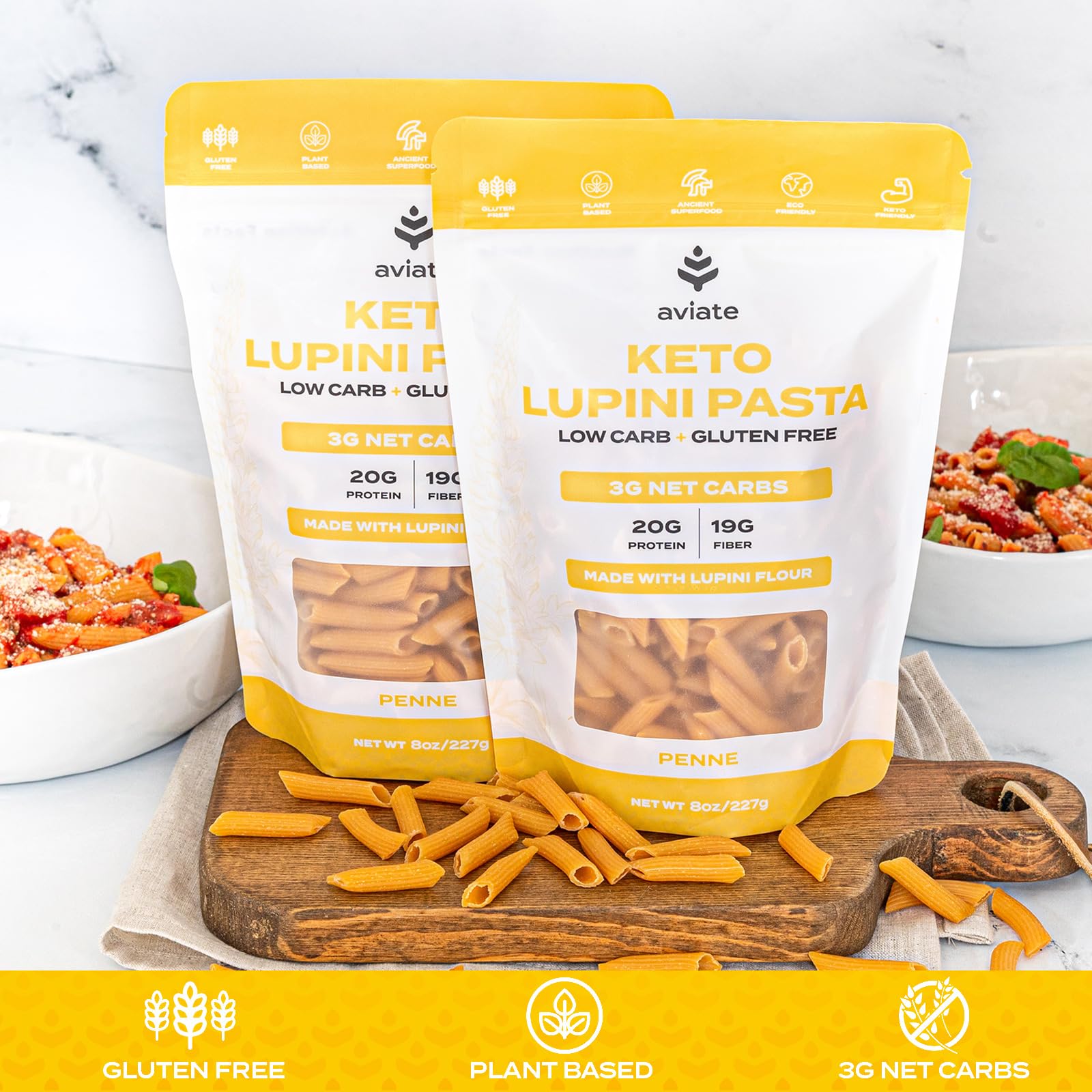 Aviate Keto Pasta Penne - Low Carb (3g Net) Lupini Penne Pasta - High Protein (20g) - Gluten-Free - Made with Lupin Flour [Plant Based Vegan]