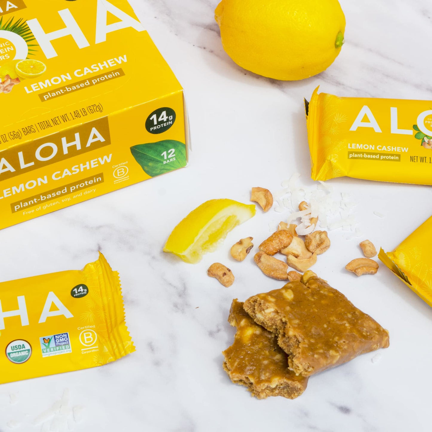ALOHA Organic Plant Based Protein Bars - Lemon Cashew - Single Bar - Vegan, Low Sugar, Gluten-Free, Paleo, Low Carb, Non-GMO, No Stevia & No