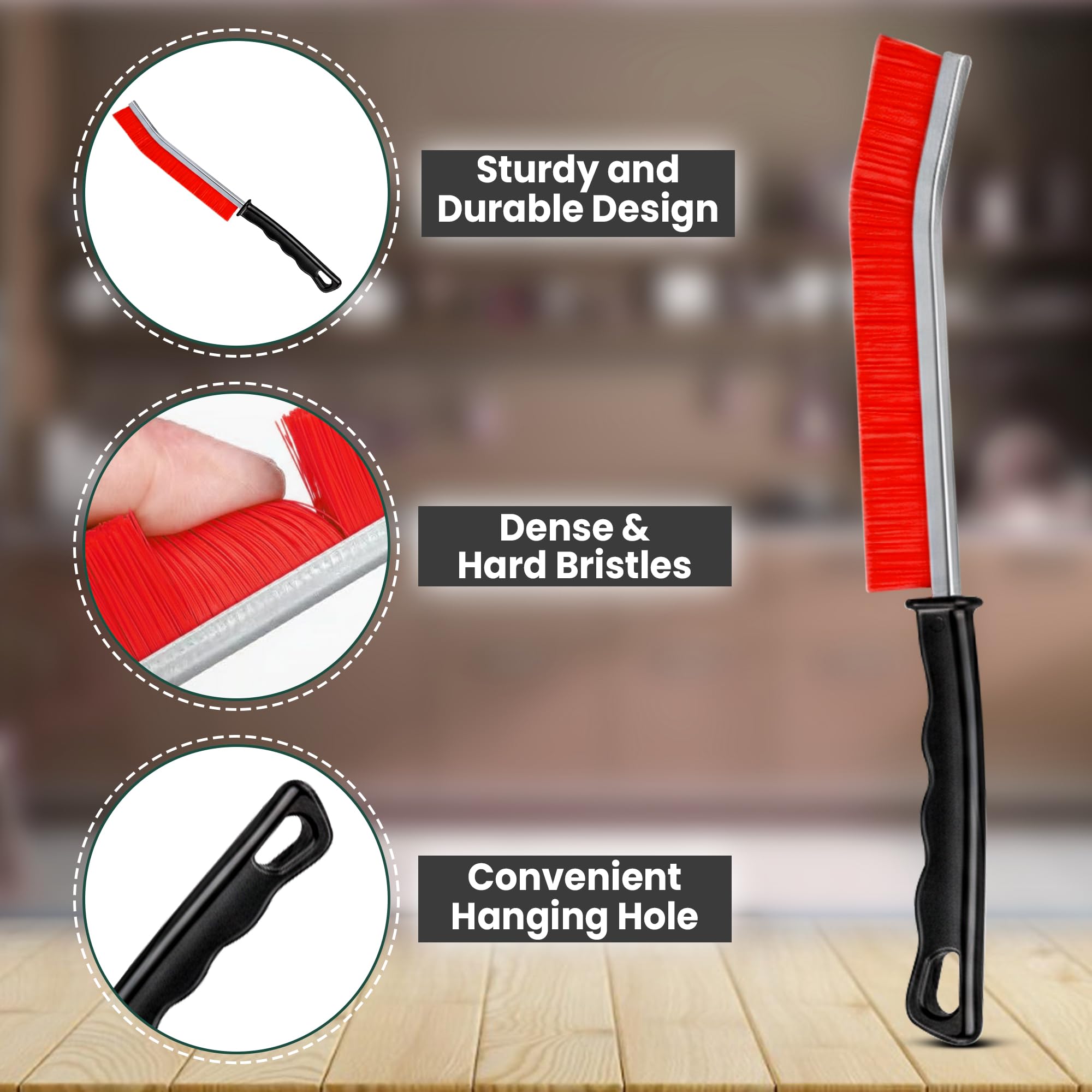 Crevice Cleaning Brush Set - 3Pcs Hard Bristle Cleaning Tools in Black, Red & Blue for Grout, Tile Floors, Gaps & Narrow Spaces - Small Grout Scrub