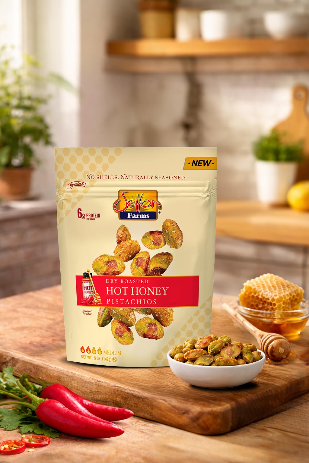 Setton Farms Naturally Seasoned Pistachio Kernels, Hot Honey, Dry Roasted, No Shell Pistachios, Certified Non-GMO, Gluten Free, Vegan and Kosher, 5 oz