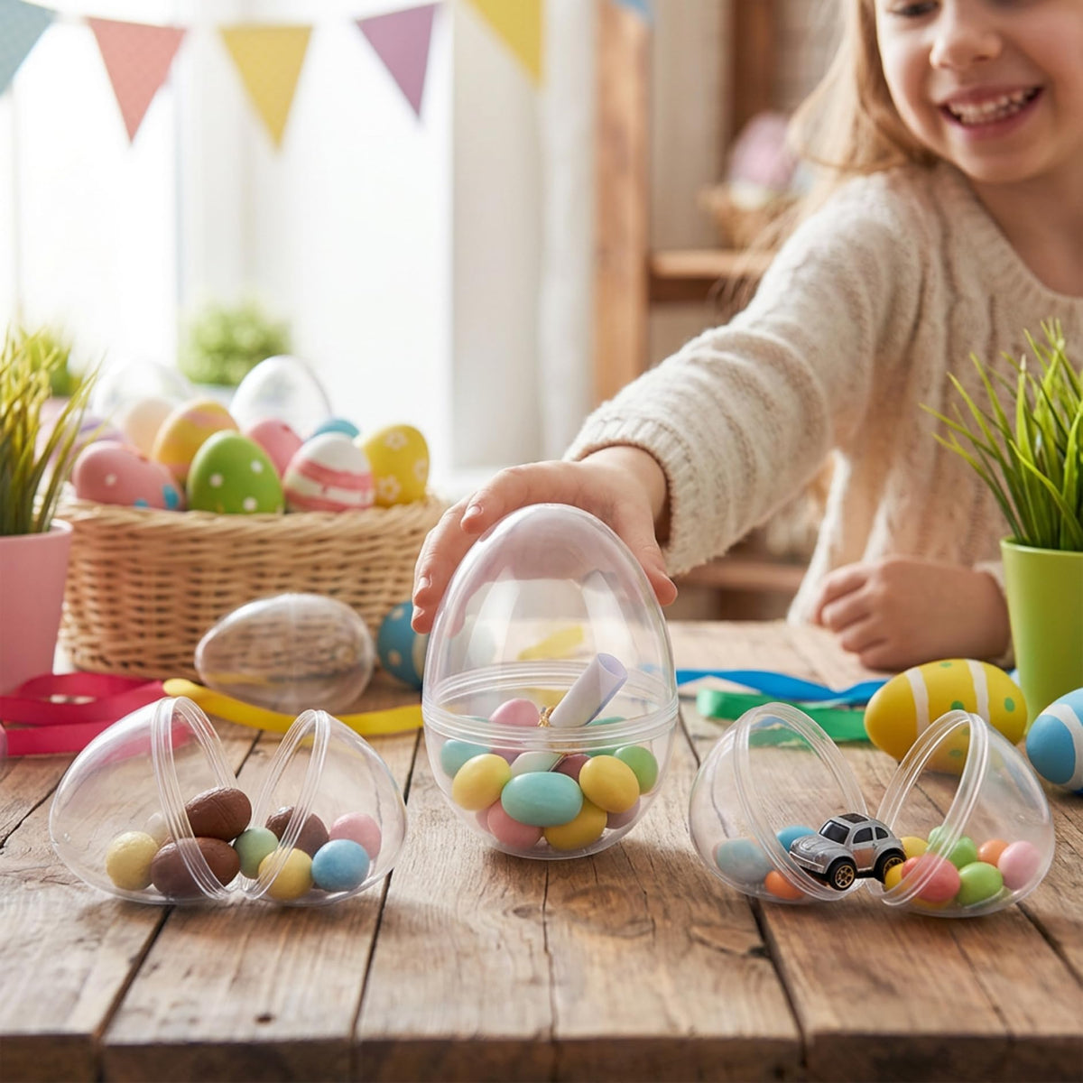 Ameble 2-Pack 12cm Clear Giant Plastic Easter Egg, Openable Containers for Candy, Toys, Party Favors, Reusable Easter Egg Basket Fillers