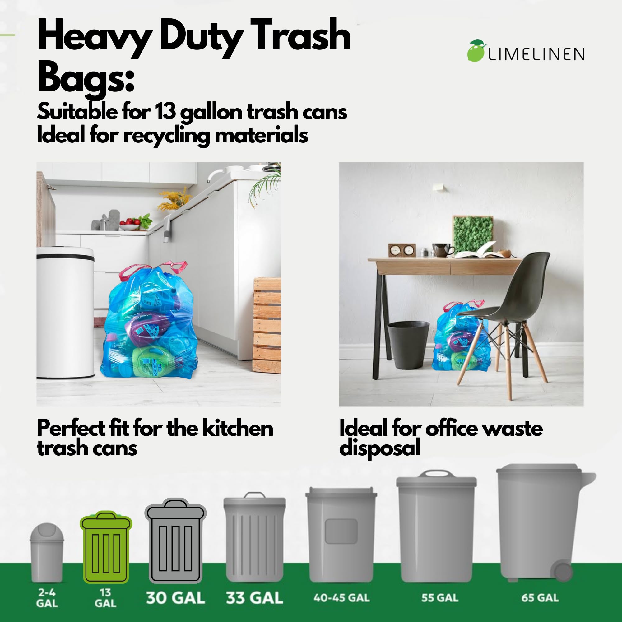 LIMELINEN Blue Recycling trash bags 13 gallon - 400ct Leak and Odor-Resistant, Heavy-Duty Plastic Garbage Bags for Home and Commercial Use