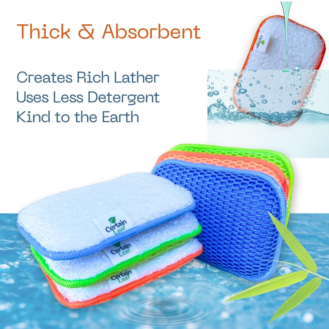 Certain Leaf Kitchen Dish Sponge Set, Dual Sided with Rayon derived from Bamboo and Mesh, Non Scratch Kitchen Cleaning Sponge Extra Absorbent Dish