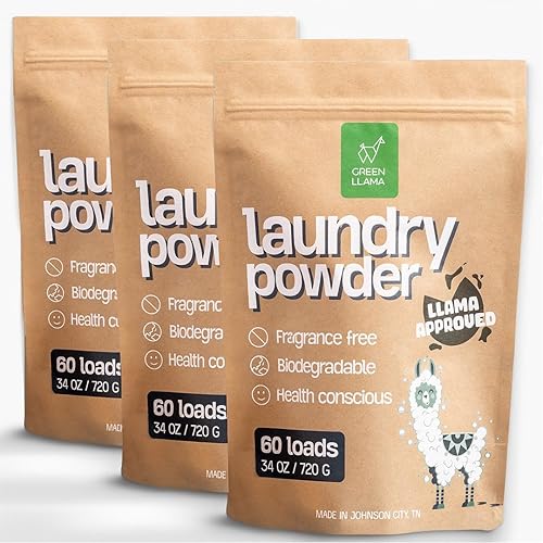 Green Llama Eco-Friendly Laundry Powder, (3-Pack) - Hypoallergenic, 180 Loads Total, Safe for Sensitive Skin, Biodegradable Ingredients, Compostable