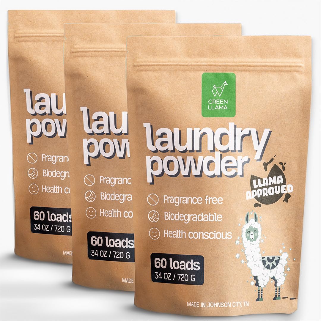 Green Llama Eco-Friendly Laundry Powder, (3-Pack) - Hypoallergenic, 180 Loads Total, Safe for Sensitive Skin, Biodegradable Ingredients, Compostable