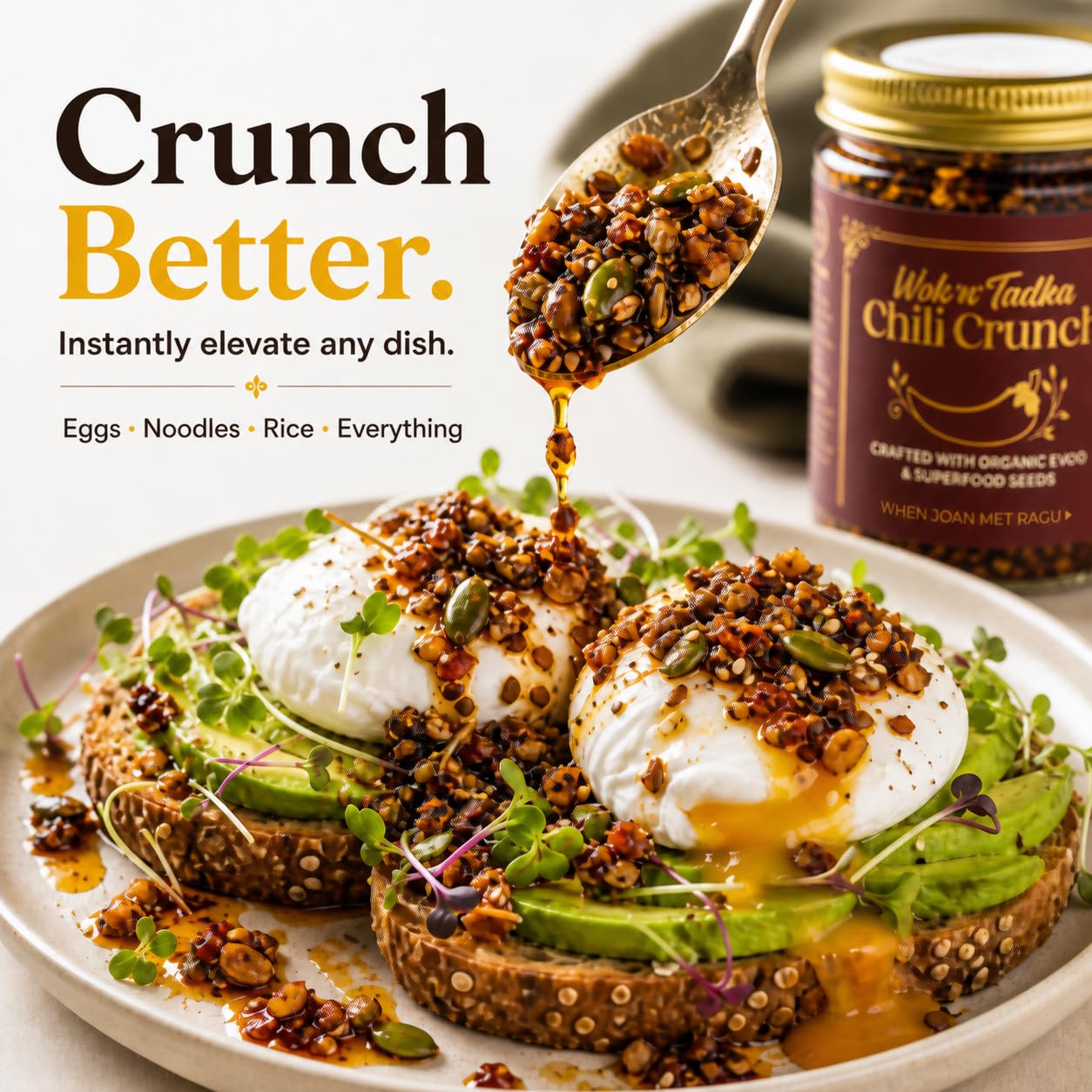 Wok n Tadka Spicy Garlic Chili Crunch 6oz, Crunchy Chili Crisp with Organic EVOO, Superfood Seeds, No Seed Oils, No Sugar Added, Gluten Free, Keto