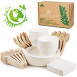 RESTYLIFE 300pcs Compostable Paper Plates Set - Heavy-Duty Biodegradable Plates, Bowls & Cutlery - Ideal for Parties, Weddings, Picnics, Camping