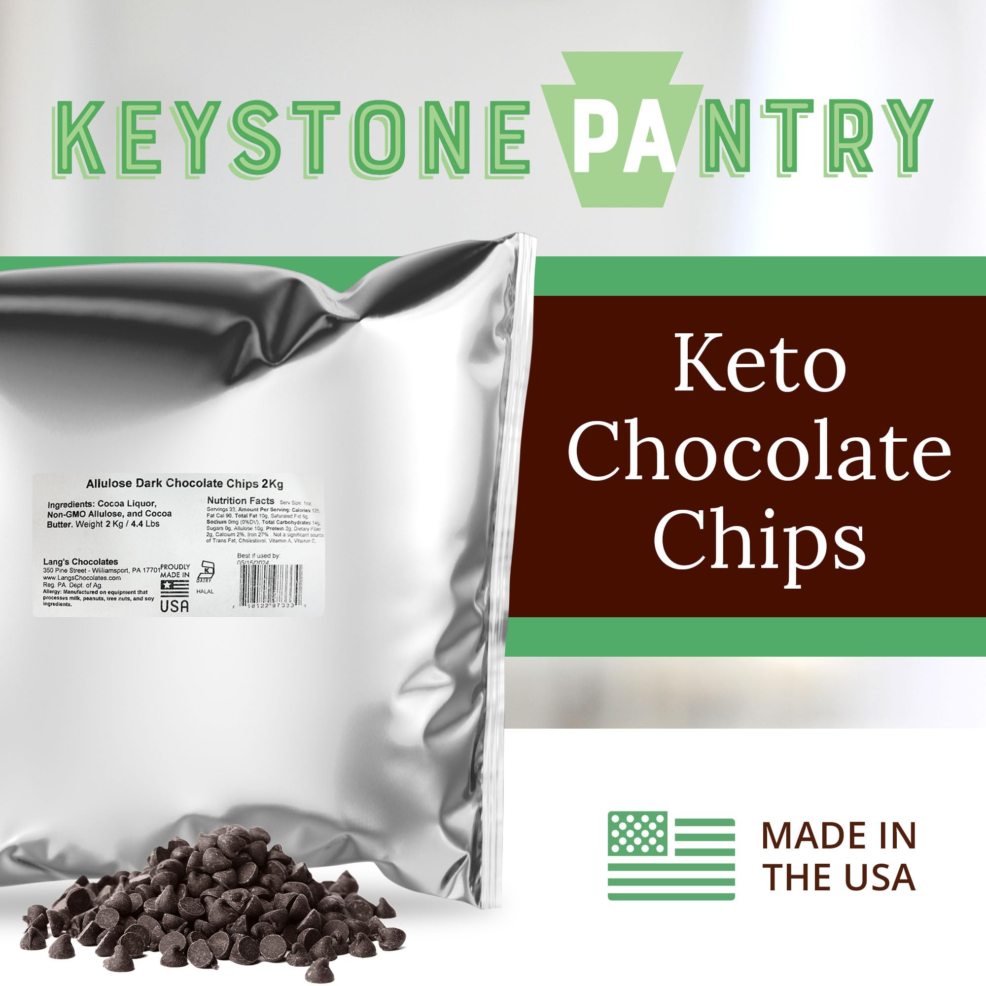 Keystone Pantry - Dark Chocolate Chips- Non-Dairy - 4.4 lb / 2 kg - Sugar, Gluten, & Dairy Free - Kosher - Vegan - Diabetic Friendly - Low Carb - Perfect for Baking