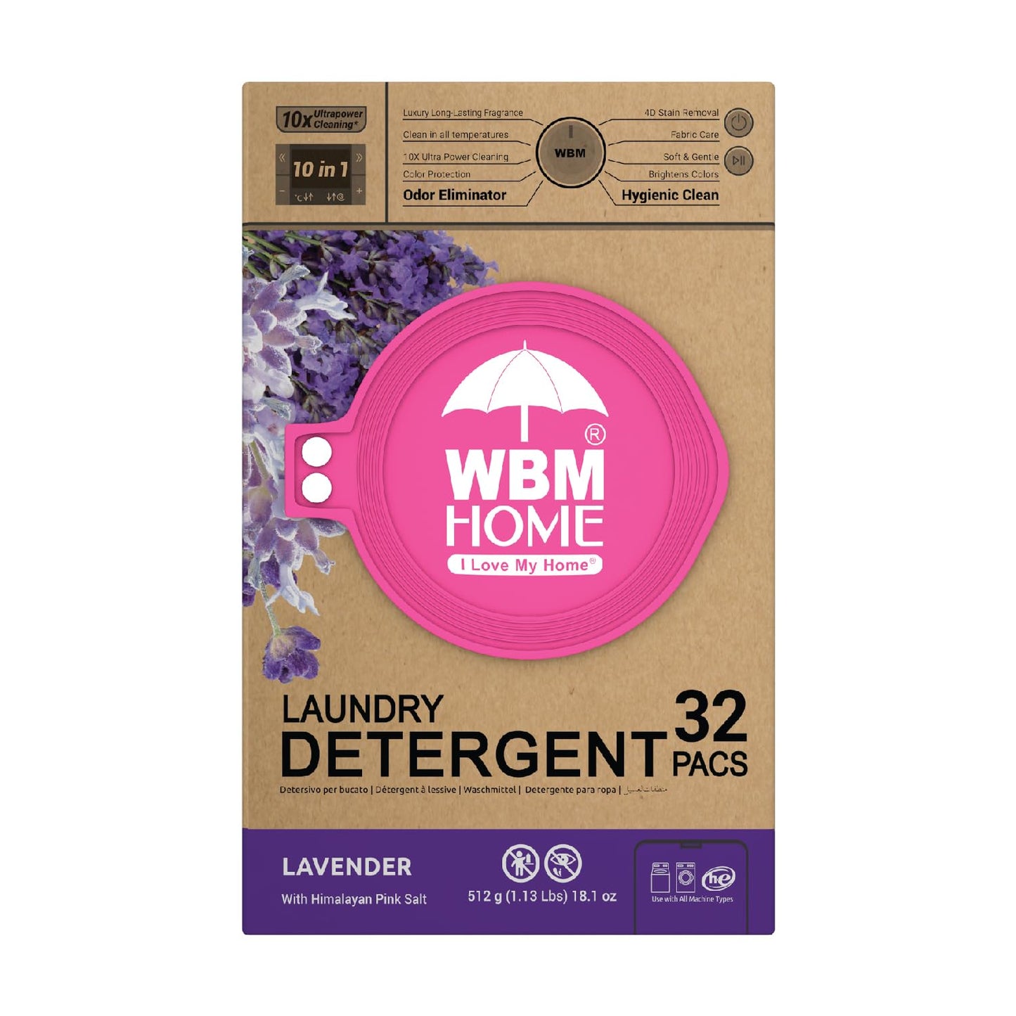 WBM 10-in-1 Laundry Detergent Pods, Fabric Softener with Lavender Extracts, High-Efficiency Laundry Pods with Powerful Stain Lifter Technology - 32