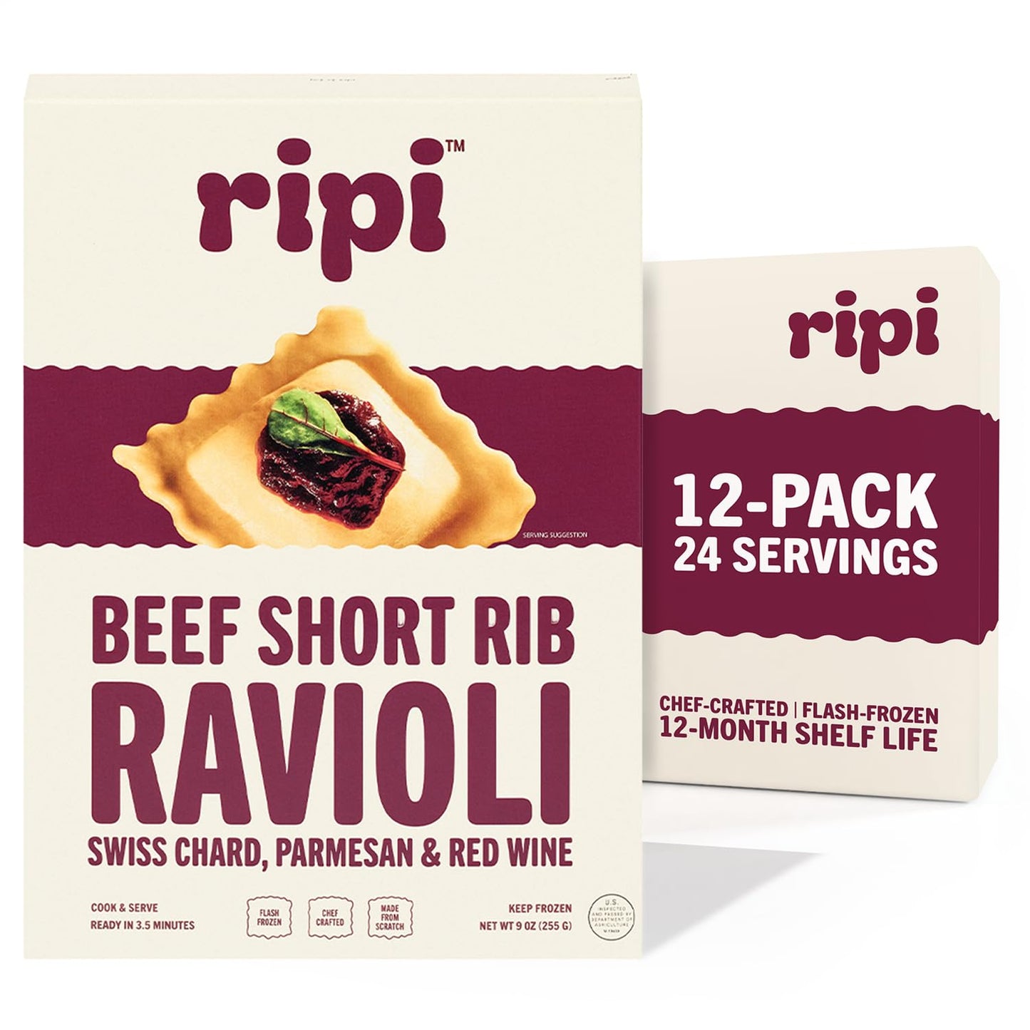 Ripi Braised Short Rib Ravioli - Red Wine, Swiss Chard & Parmesan - Frozen Pasta Meal - Ready in Under 5 Minutes, 9oz, Pack of 12
