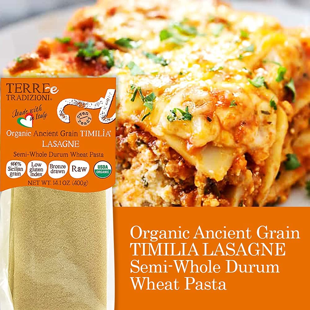 TERRE E TRADIZIONI 6 PACKS ORGANIC ITALIAN SEMI WHOLE DURUM LASAGNA PASTA - Sicilian Ancient Grain Timilia Vegan Crafted in Italy. LOW-GLUTEN INDEX