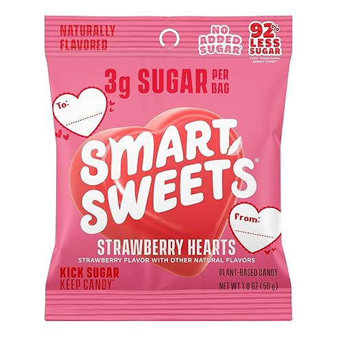 SmartSweets Strawberry Hearts, Gluten Free Gummies, Plant Based, Healthy Snacks for Adults & Kids, Fun Chewy Candy, Low Calorie, Low Sugar Snack, No