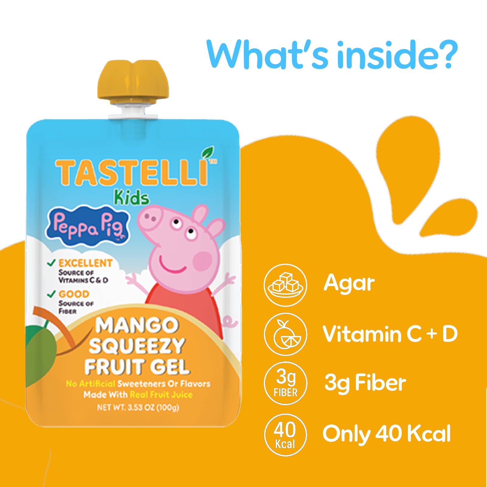Tastelli Peppa Pig Kids Squeezy Fruit Gel - Mango Flavor - No Artificial Sweeteners or Flavors, Made with Real Fruit Juice, Fiber-Rich Prebiotic Gut