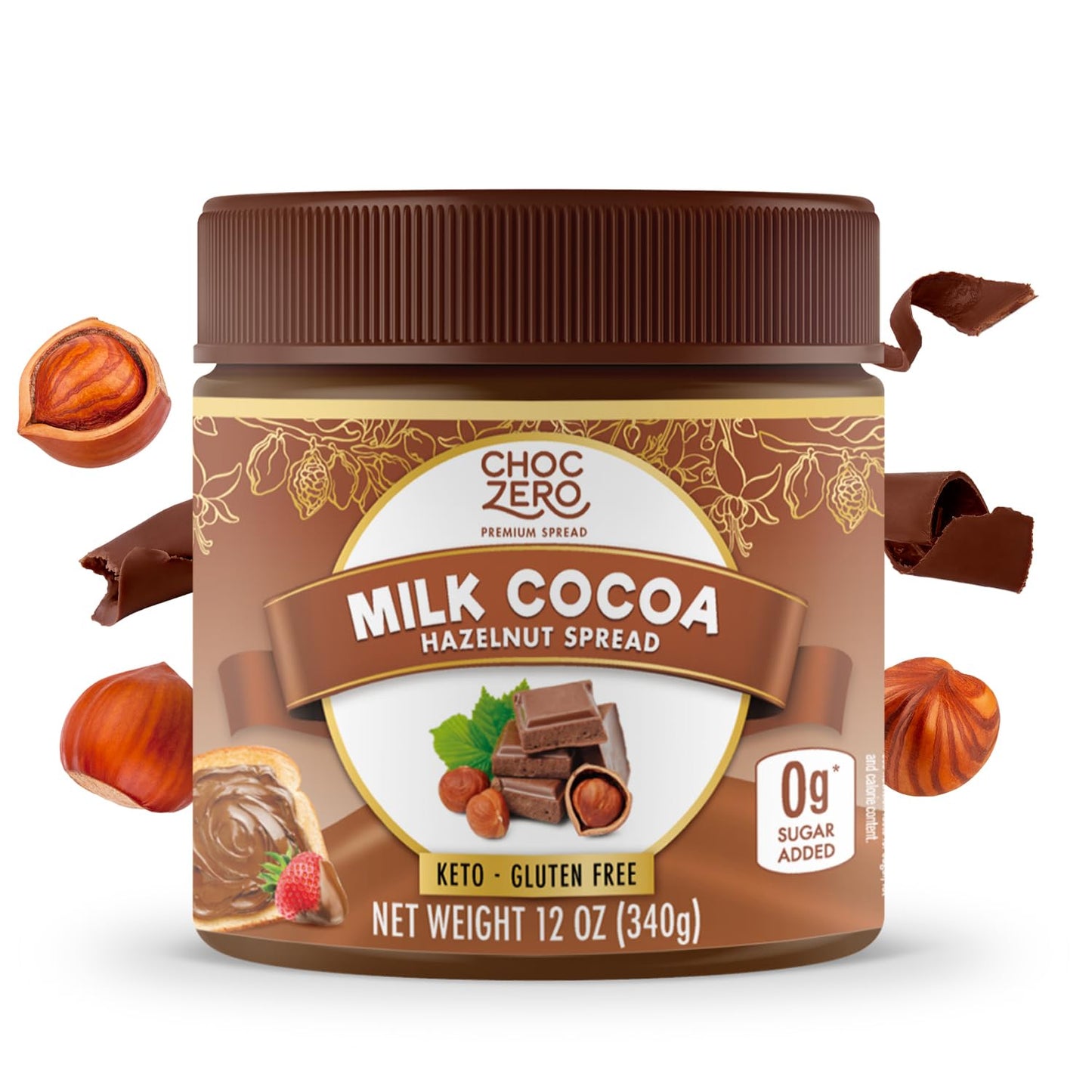 ChocZero Milk Chocolate Hazelnut Spread - No Added Sugar, Keto Friendly Low-Carb Chocolate Hazelnut Dessert & Bread Topping, Gluten Free, High Fiber