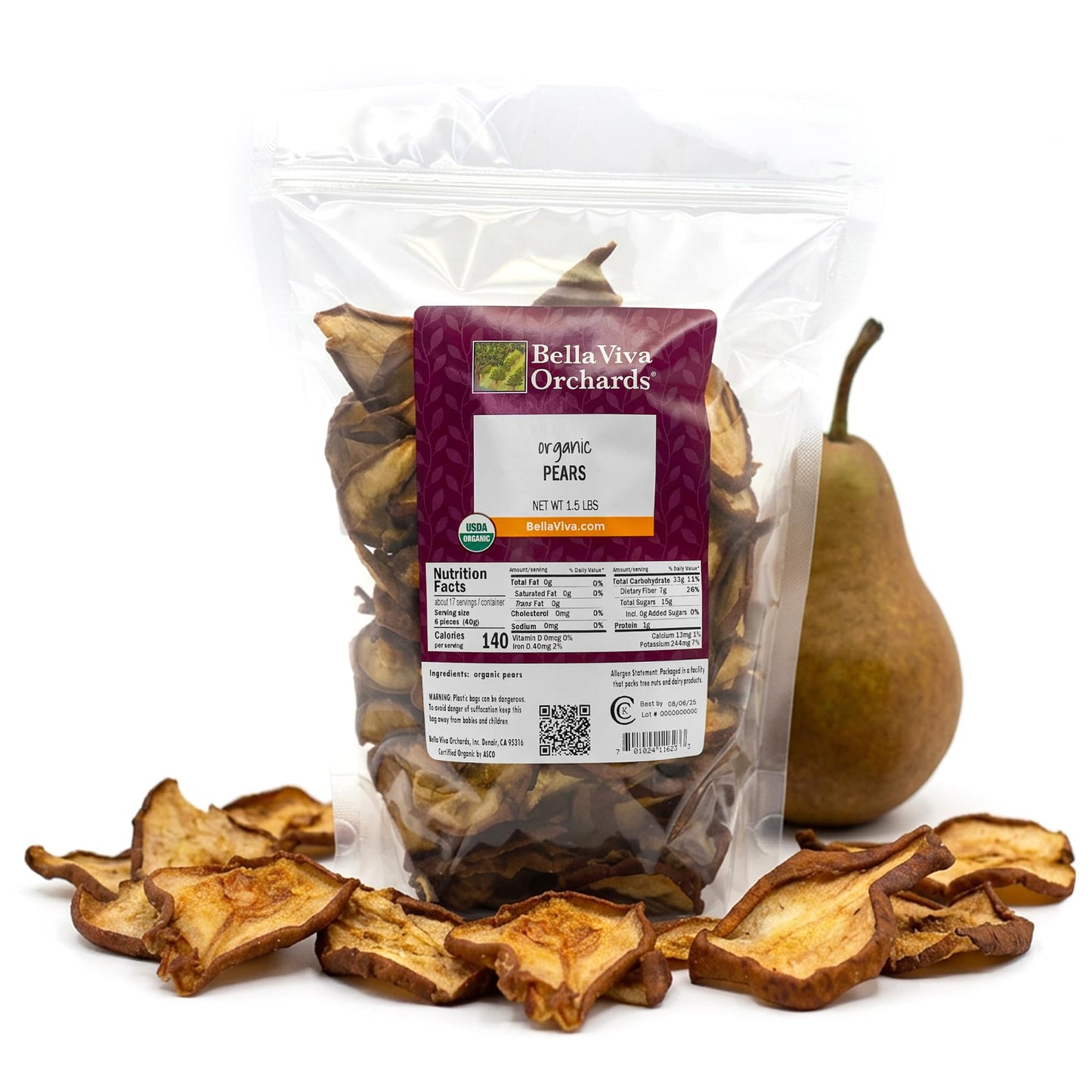 Bella Viva Organic Dried Pears, 1.5 lb - California-Grown, Upcycled Fruit - No Sugar Added, No Sulfites - Soft & Chewy Dehydrated Pears - Single