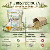 Manzanilla (Chamomile) Herbal Tea Set - 4 oz (113g) Premium Loose Leaf Flowers + Stainless Steel Tea Infuser - 100% Natural, Caffeine-Free, Vegan