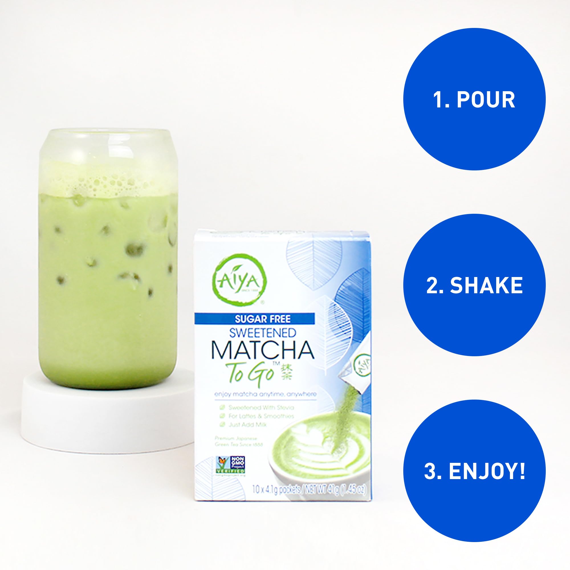 Aiya Sugar-Free Sweetened Matcha To Go Sticks - Stevia Sweetened Packets, Premium Japanese Matcha Powder, Gluten-Free - 10 Single-Serving Sticks
