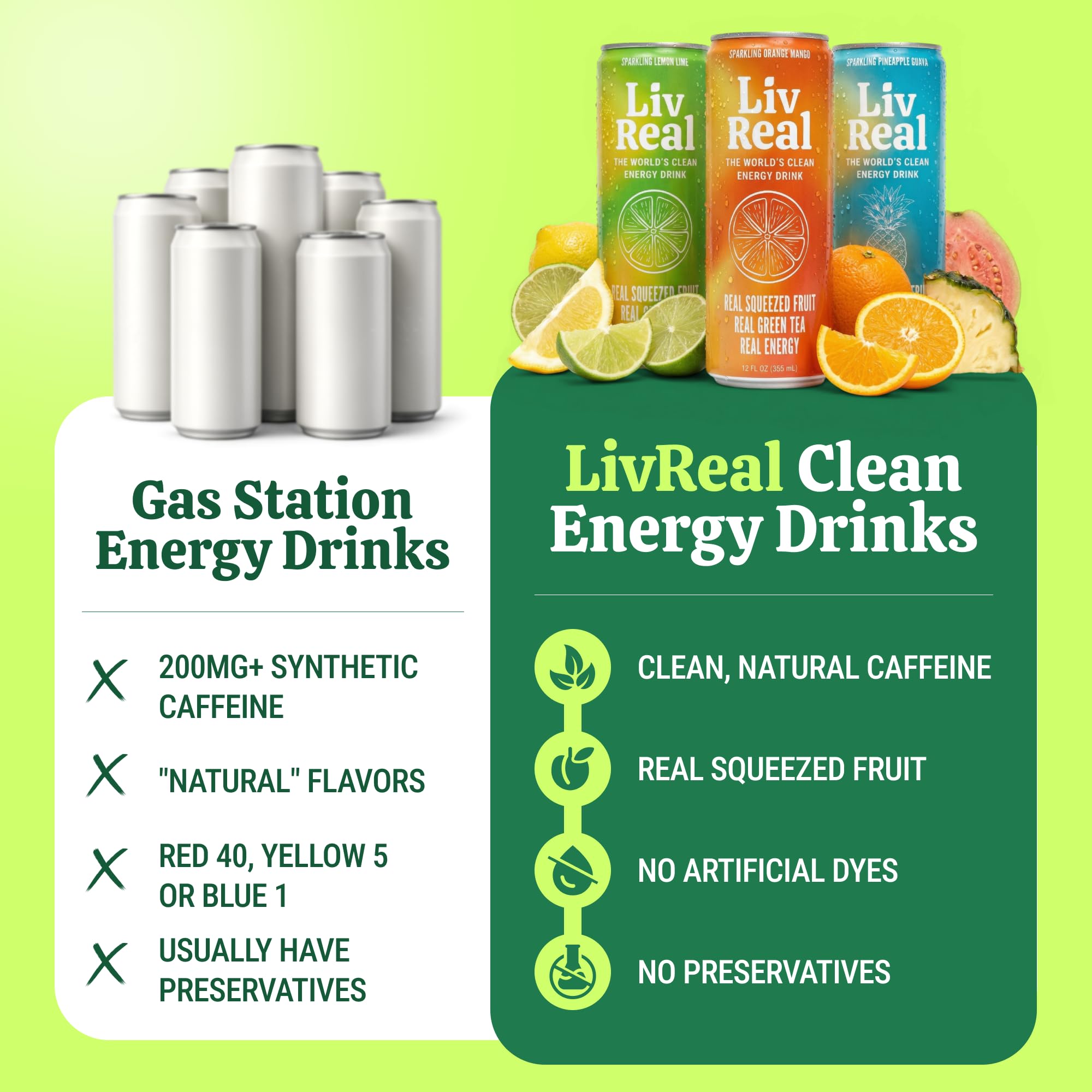 LivReal Clean Energy Drink - Organic Green Tea Caffeine 125mg + L-Theanine 100mg - Real Fruit, No Sweeteners or Flavorings - Vitamin C & B Complex