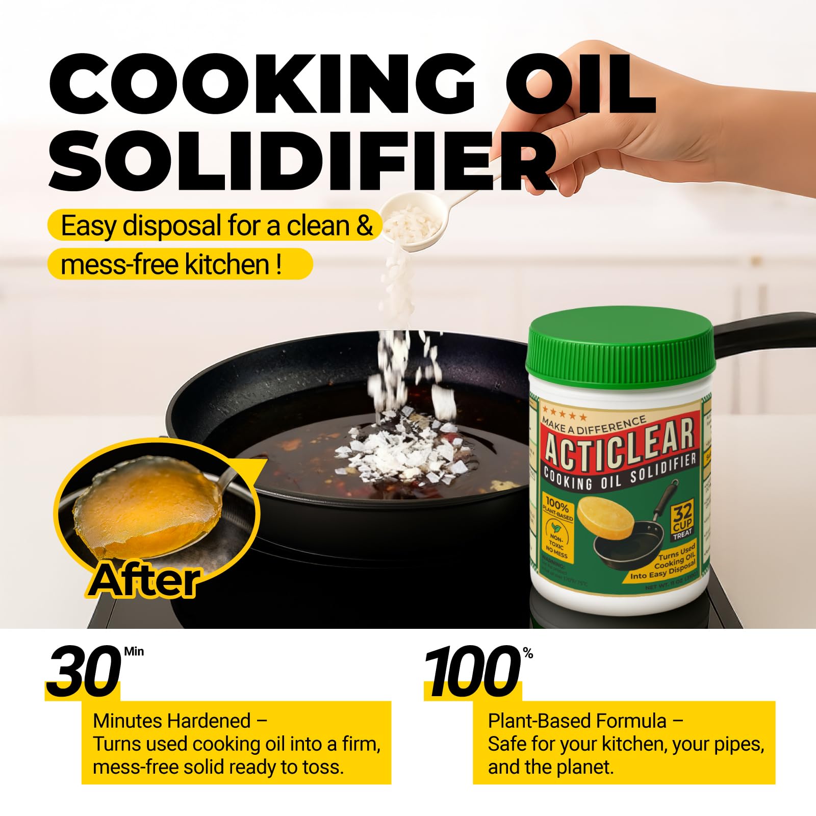 ACTICLEAR Cooking Oil Solidifier - 11oz (32 Cups) Algae-Based Grease Hardener for Easy Disposal, Turns Used Cooking Oils to Solid Waste, Kitchen Fry