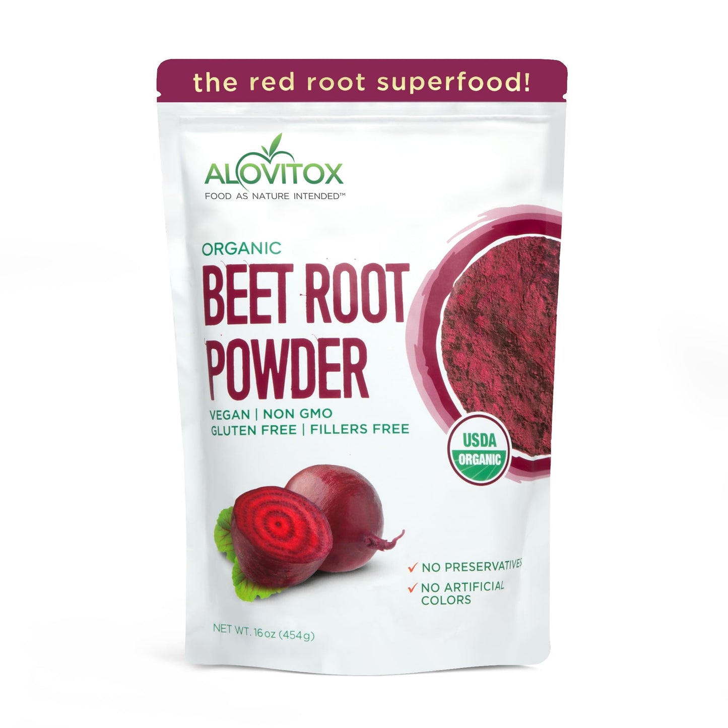 Alovitox Organic Beet Root Powder | 100% Fresh Beet Root Extract | Nitric Oxide Superfood, High in Calcium, Iron, Potassium & Folate | Supports