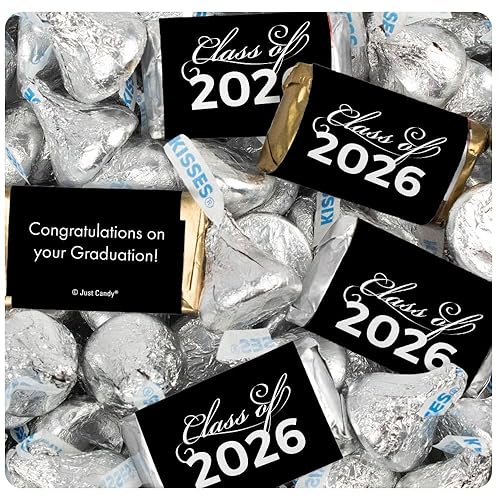124 Pcs Black Graduation Class of 2026 Candy - Black Wrapped Miniatures and Silver Kisses For Party Favors, Goodie Bags, Dessert Tables And More (1.52
