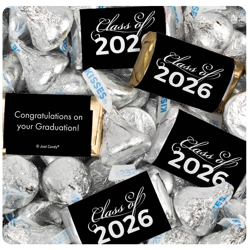 124 Pcs Black Graduation Class of 2026 Candy - Black Wrapped Miniatures and Silver Kisses For Party Favors, Goodie Bags, Dessert Tables And More (1.52