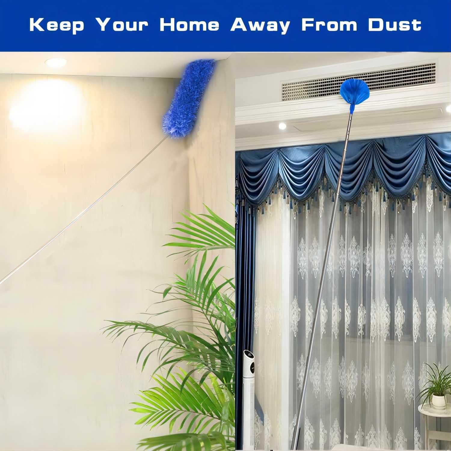 Buysenton Cobweb Duster with Extension Pole, Washable Cleaning Duster Kit with 3 Duster Heads, Cobweb Duster, Corner Brush, 15-100 Inch Long Aluminum