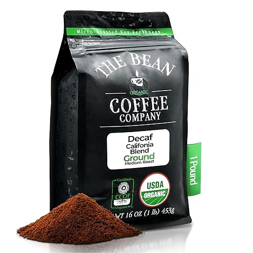 The Bean Organic Coffee Company Water Processed DECAF California Blend, Medium Roast, Ground Coffee, 16-Ounce Bag, Café Molido Tostado Orgánico