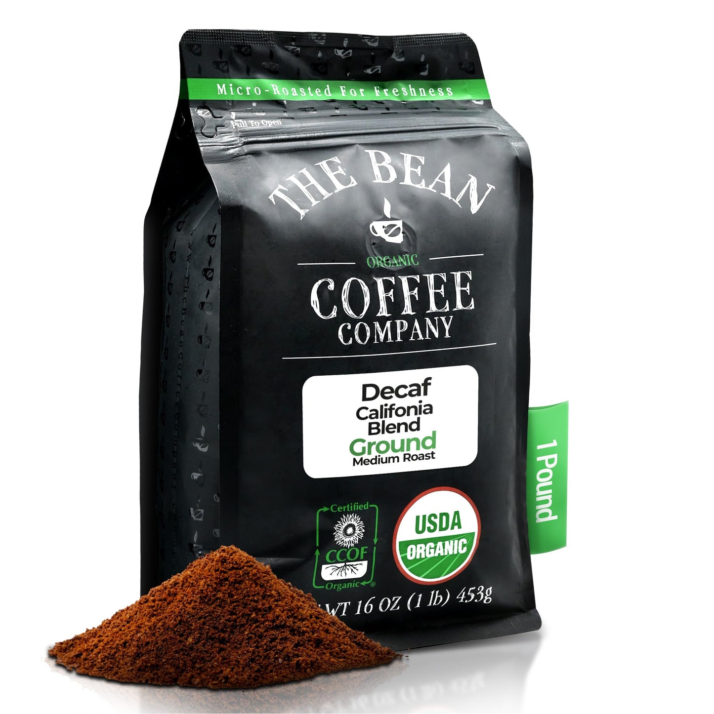The Bean Organic Coffee Company Water Processed DECAF California Blend, Medium Roast, Ground Coffee, 16-Ounce Bag, Café Molido Tostado Orgánico