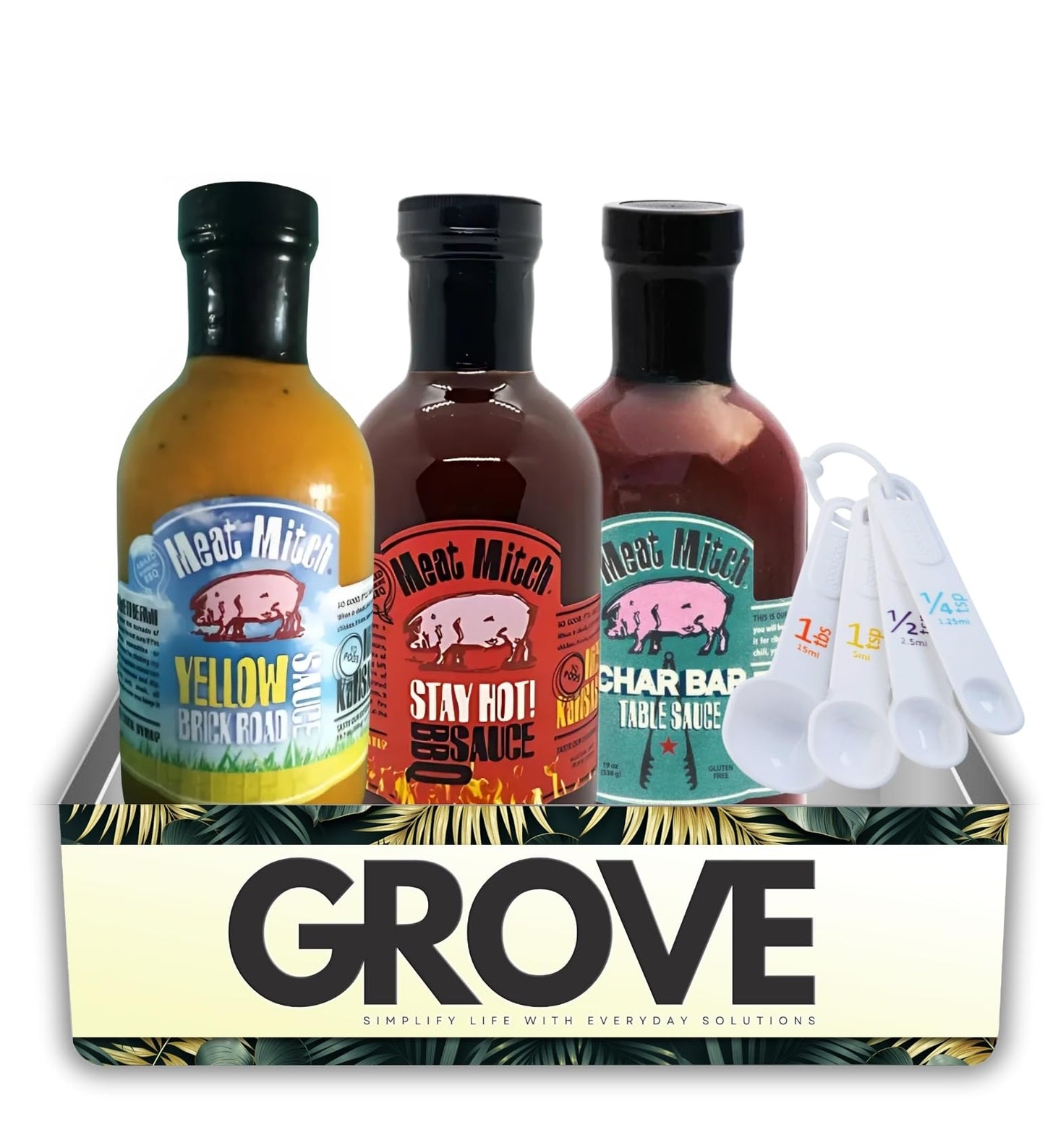Meat Mitch Yellow Brick Road 19.7 oz + Stay Hot Spicy 19.6 oz + Char Bar BBQ Sauce 19 ounce Bundle with Measuring Spoon - 3 Flavor Variety: Sweet