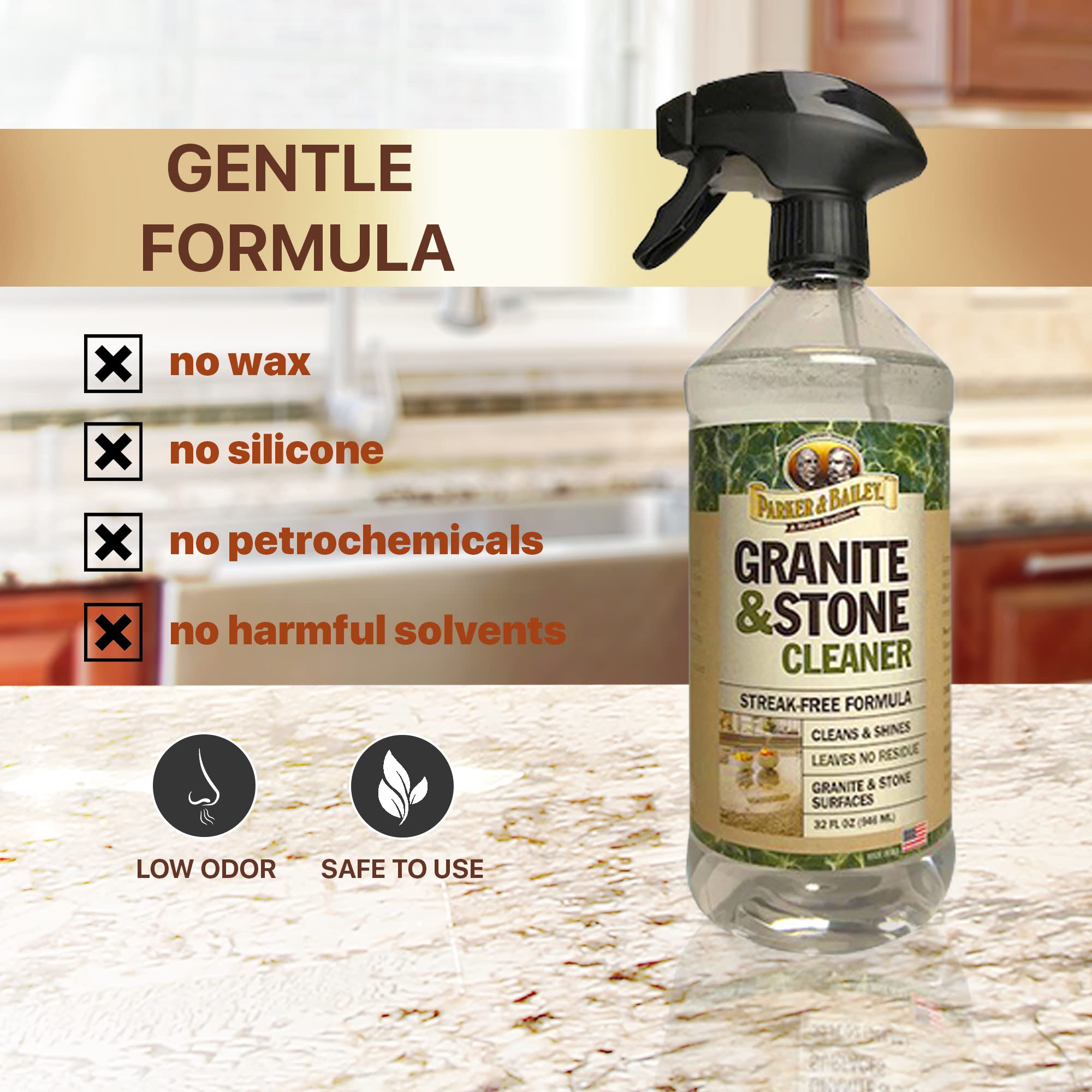 Parker & Bailey Granite & Stone - Countertop Cleaner Kitchen Island Cleaning Spray Marble Tile Slate Quartz Daily Granite Bathroom Counter -White, 32