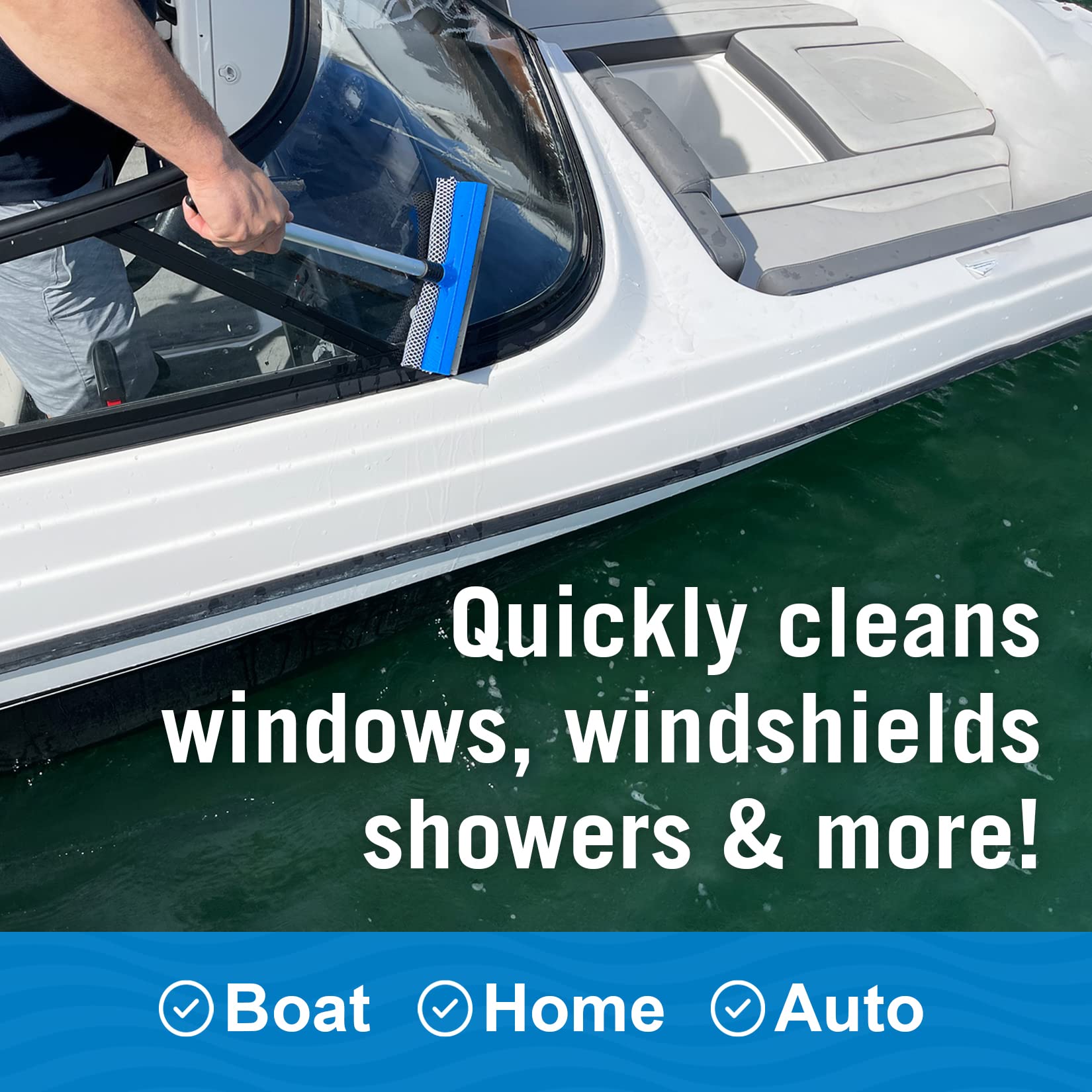 Window Squeegee with Long Handle and Scrubber, for Car, Boat, RV Windows, Windshields, and Shower Glass Doors, Cleaning Tool with Large Sponge