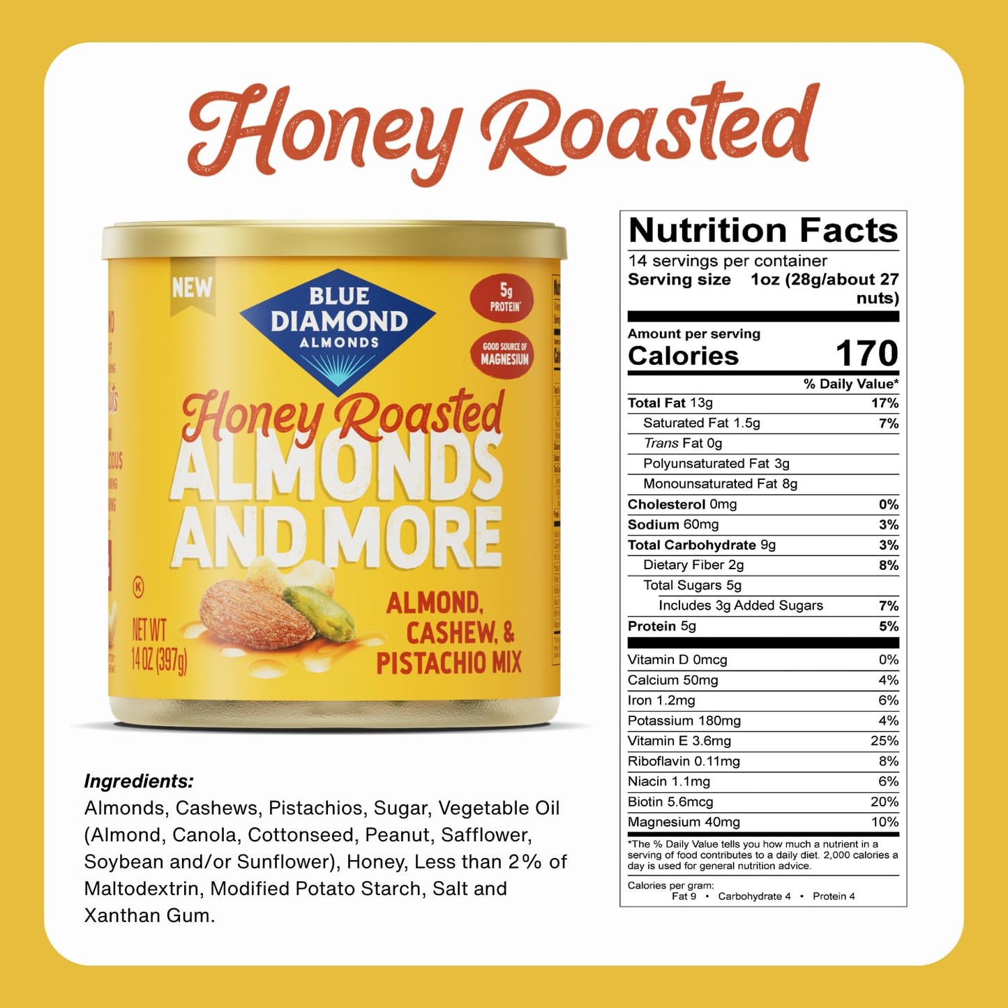 Blue Diamond Almonds, Mixed Nuts Sweet Honey Roasted Deluxe Snack Nuts, Almonds, Pistachios, and Cashews, 14oz. Can (Pack of 1)