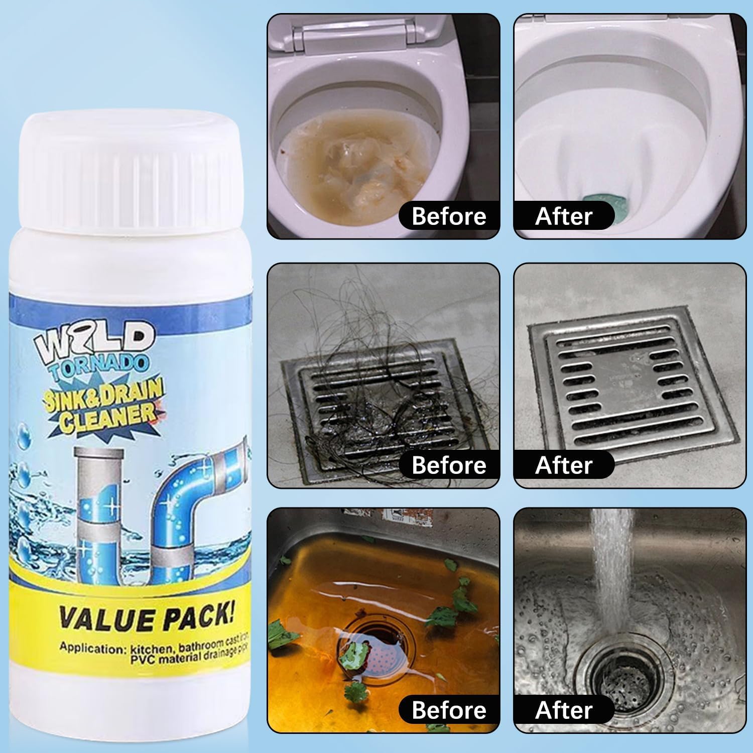 2026 Upgrade Wild Tornado Pipe Dredge, Powerful Sink Drain Cleaner, Multi-functional Drains Cleaners Fast Foaming for Kitchen Toilet Pipeline Quick