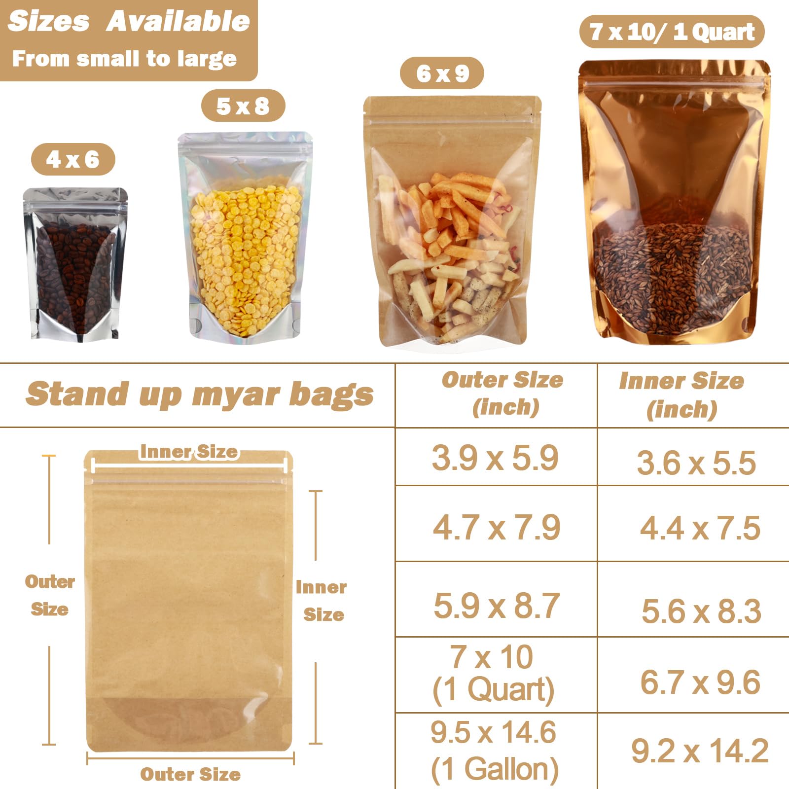 100-pack 8.7" x 11.8" Stand Up Kraft Paper Mylar Bags with Clear Window Large Resealable Foil Pouches for Food Storage Smell Proof Edible Packaging