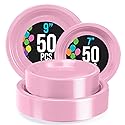 Party Solids Pink Plates Disposable Pink Plastic Plates 100 Pieces - 50-7" & 50-9" Heavy Duty 350 GSM Disposable Dinnerware Sets, Plastic Dinnerware