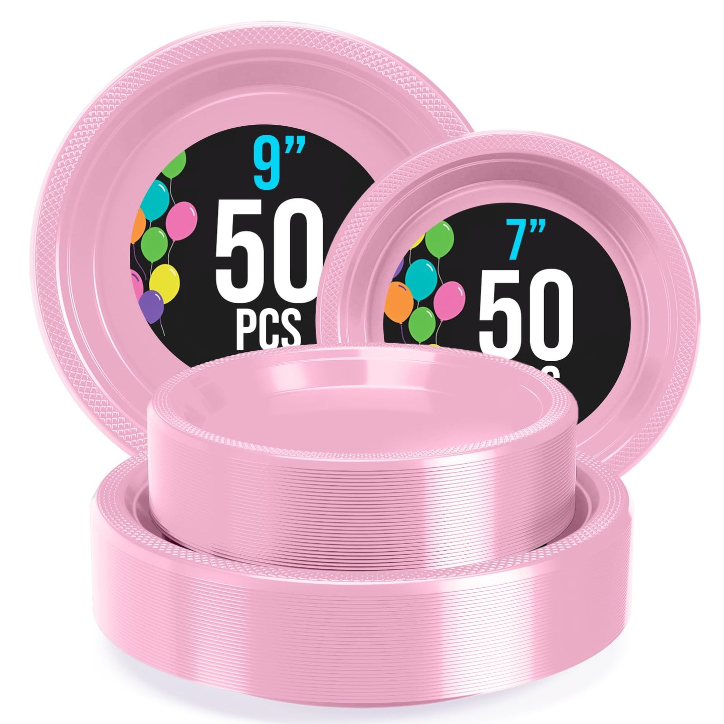 Party Solids Pink Plates Disposable Pink Plastic Plates 100 Pieces - 50-7" & 50-9" Heavy Duty 350 GSM Disposable Dinnerware Sets, Plastic Dinnerware