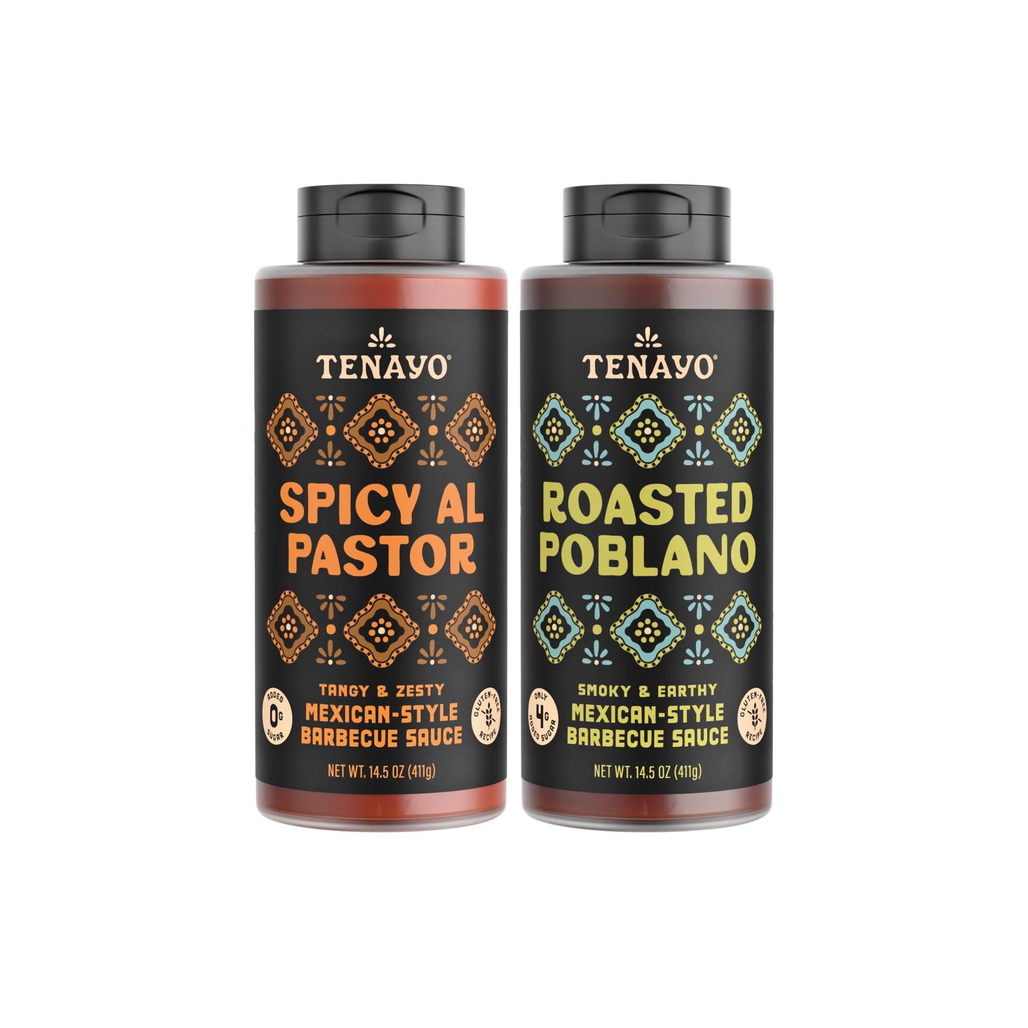 Tenayo Spicy Al Pastor & Roasted Poblano Barbecue Sauce 2-Pack (14.5 oz Bottles) - Mexican Style Sauce Duo with Pineapple, Chipotle & Roasted Poblano