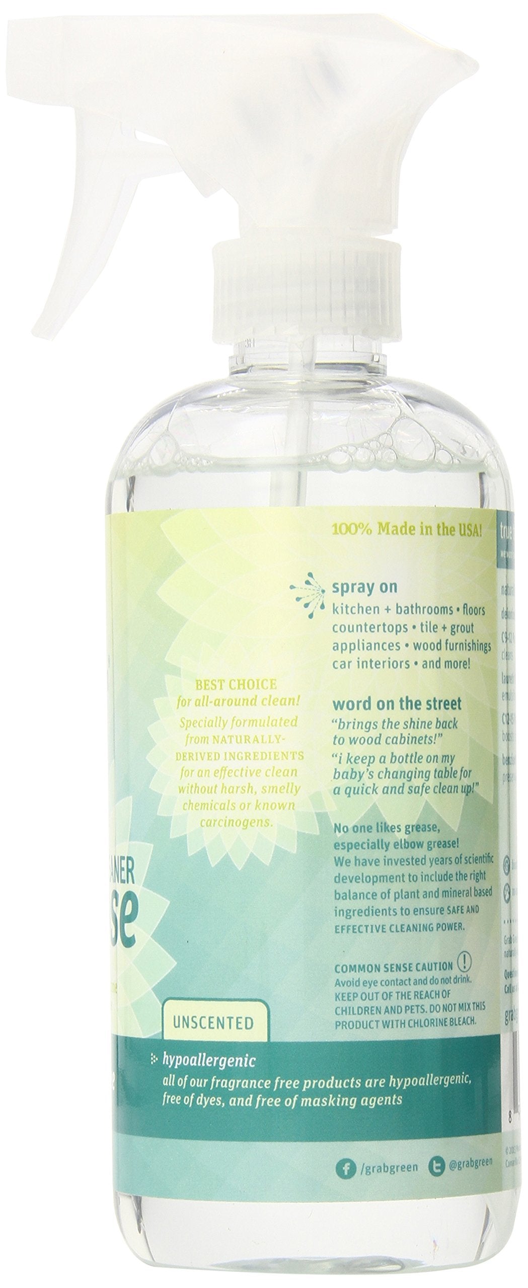 Grab Green Natural All Purpose Cleaner Spray, Biodegradable, Residue & Streak-Free Finish, Fragrance Free, 16 Ounce Bottle