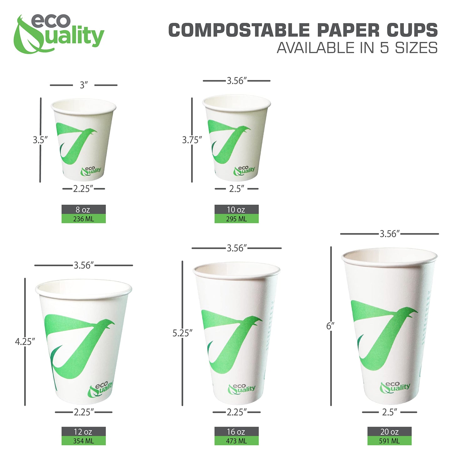 EcoQuality 12 oz Compostable Paper Cups - Biodegradable Disposable White Paper Coffee Cups PLA Lined - Eco-friendly Hot and Cold Drinking Cups