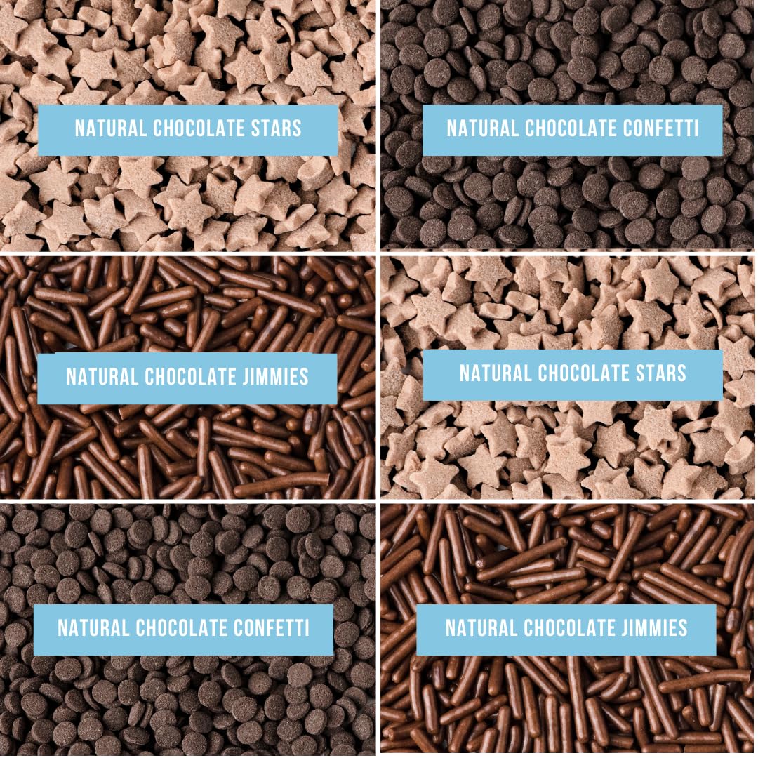 Sweets Indeed Dye Free Chocolate Sprinkles 6 Cell Jar - No Artificial Dyes Quins, Jimmies and Star Sprinkles for Baking & Decorating Cupcakes