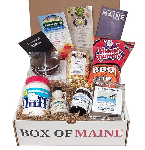 Box of Maine - 7-item Gift Pack - Whoopie Pie, Fluff, Coastal Maine Maple Popcorn, Maine Maple Syrup, Humpty Dumpty BBQ Chips, Carrabassett Coffee