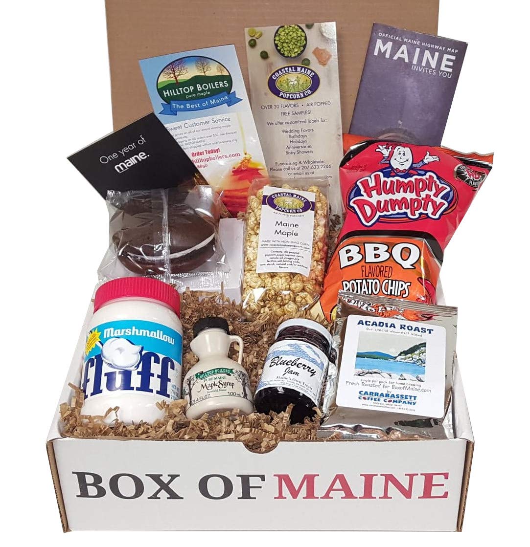 Box of Maine - 7-item Gift Pack - Whoopie Pie, Fluff, Coastal Maine Maple Popcorn, Maine Maple Syrup, Humpty Dumpty BBQ Chips, Carrabassett Coffee