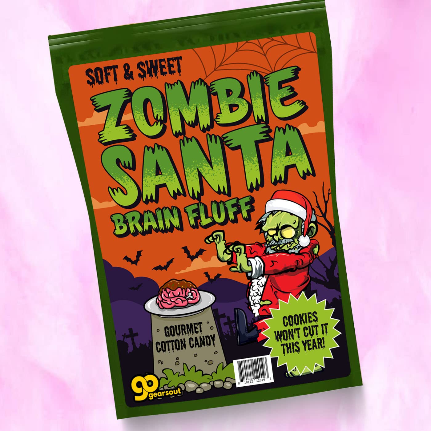 Zombie Santa Brain Fluff Cotton Candy - Gourmet Christmas Candy Gifts for Teens - Funny Gag Gift for Zombie Lovers - Pink Strawberry Flavor
