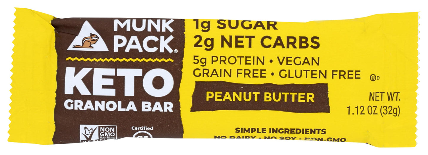 Munk Pack Keto Granola Bar, Grain Free, Vegan, 1g Sugar, 2g Net Carbs, 5g Protein, Peanut Butter, 1.12 Ounce (Pack of 4)