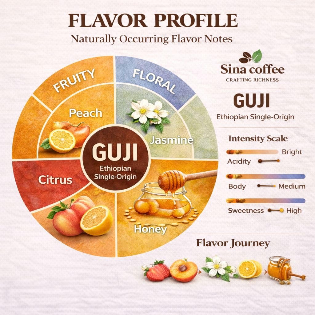 SINA COFFEE Premium 100% Arabica Ethiopian Coffee - Guji Single Origin Medium Roast Whole Bean Coffee - 16oz Freshly Roasted