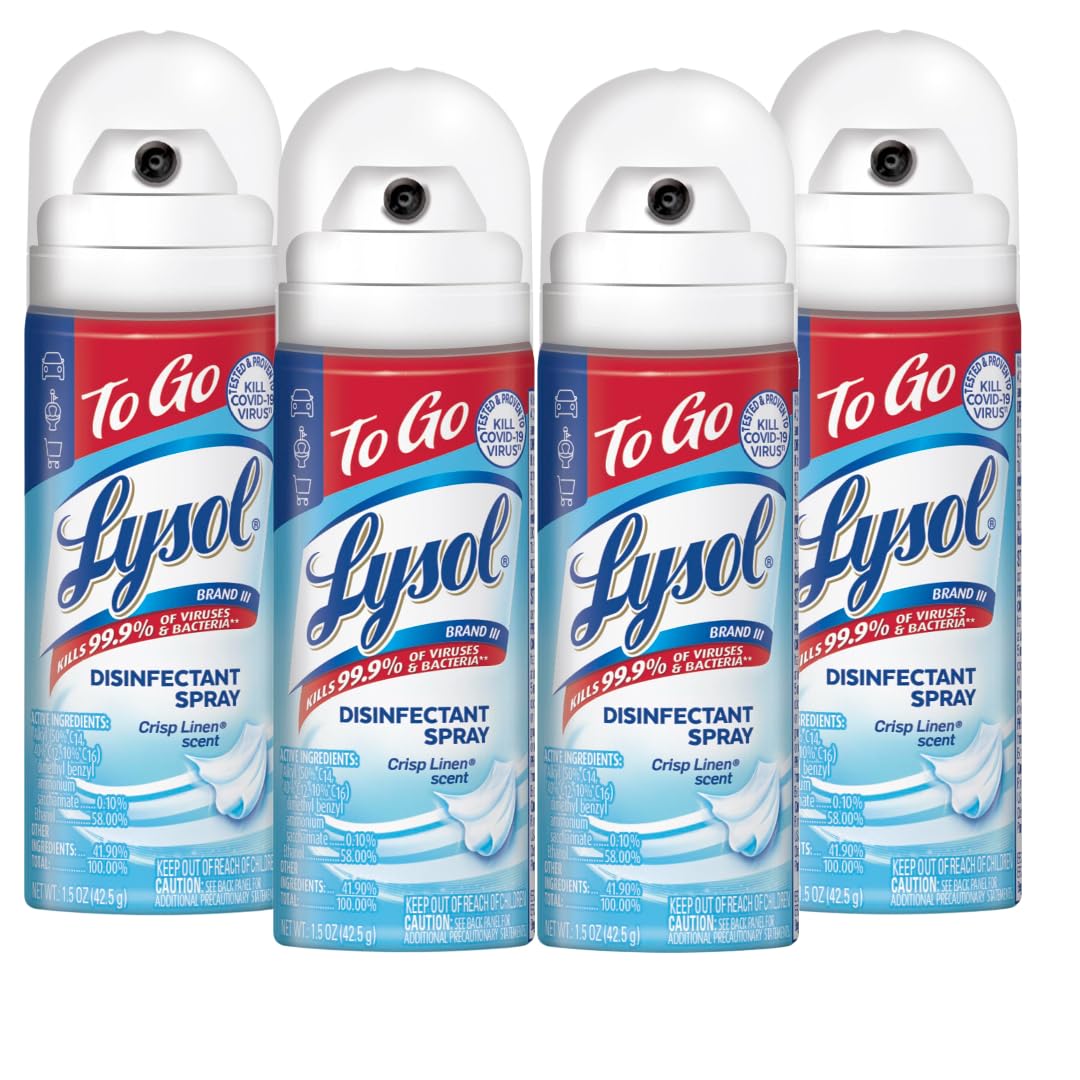 Lysol To Go Disinfectant Spray, Travel Size Sanitizing, For On-the-Go Disinfecting and Deodorizing, Crisp Linen, 1.5 Fl. Oz (Pack of 4)
