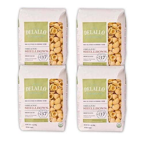 DeLallo Organic Shellbow Pasta, Unique Shell Shape, Vegan, Kosher, Non-GMO, Made in Italy with 100% Durum Wheat Semolina, Bronze Cut, 16 oz Bag, (4