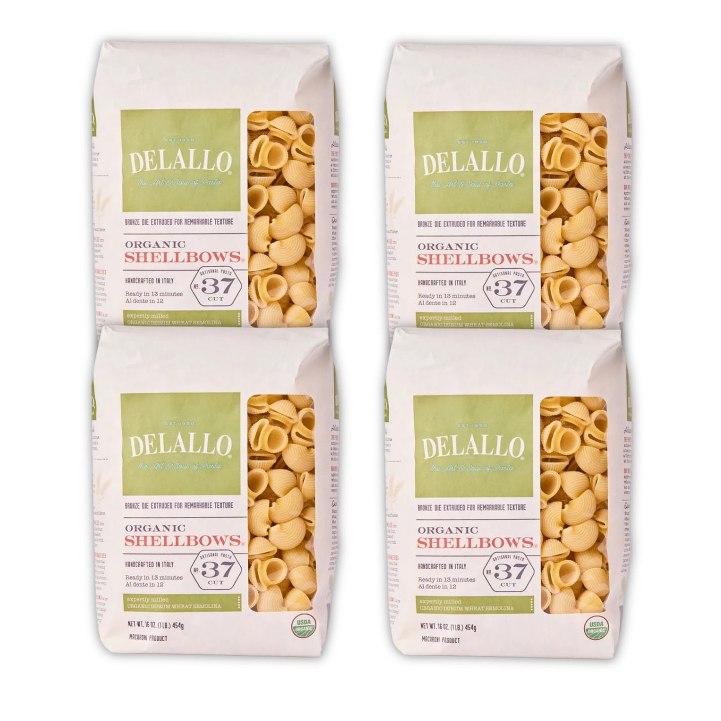 DeLallo Organic Shellbow Pasta, Unique Shell Shape, Vegan, Kosher, Non-GMO, Made in Italy with 100% Durum Wheat Semolina, Bronze Cut, 16 oz Bag, (4